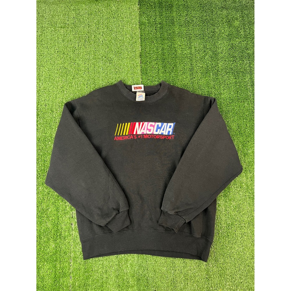 Jerzees Super Sweats NASCAR Embroidered Black Crewneck Sweatshirt Mens Medium